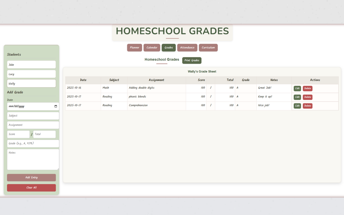 Homeschool grades tracker app showing assignments, subjects, and printable grade sheets